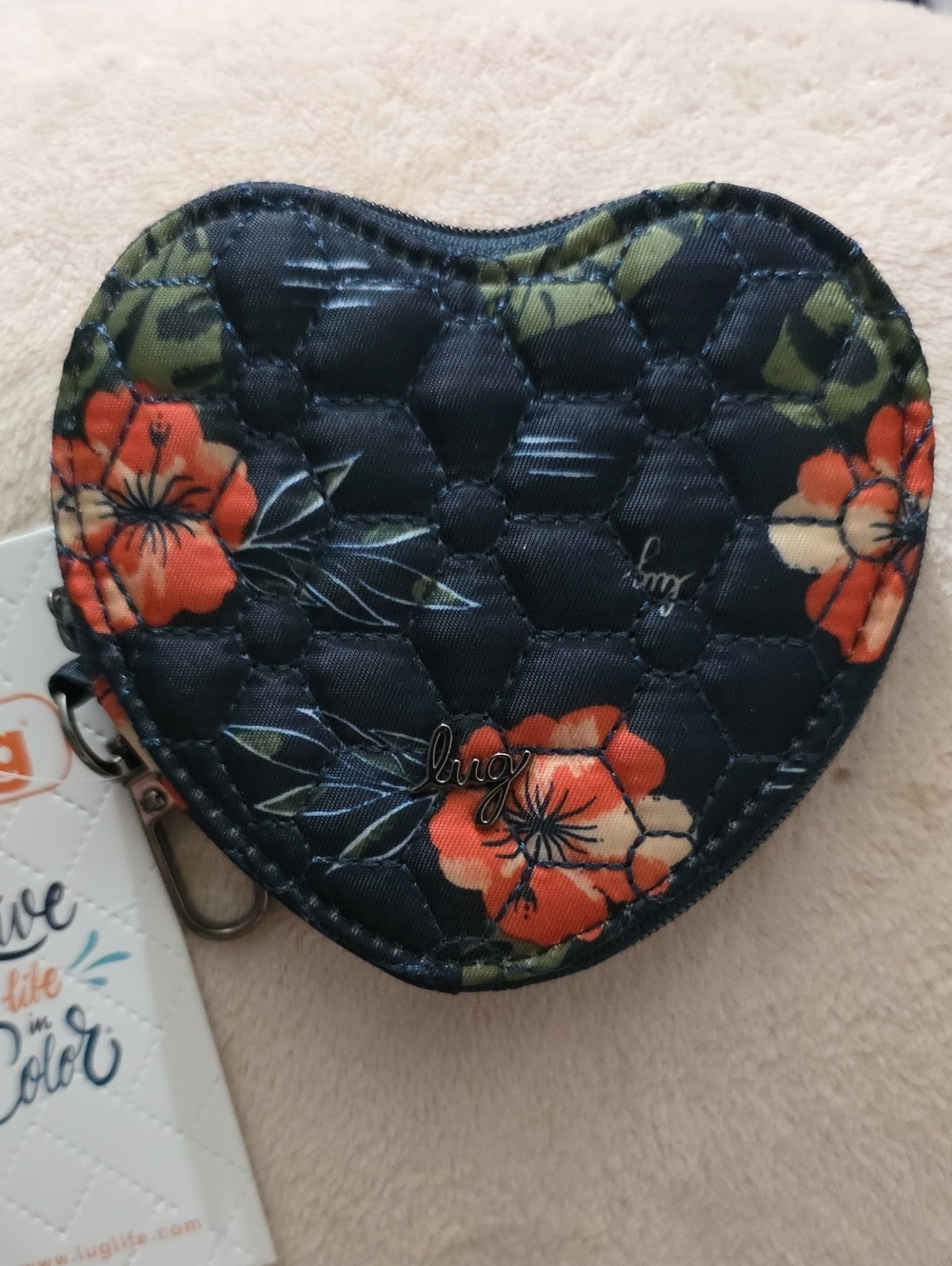 LUG NEW Heart-Shaped Quilted Floral Coin Purse - Navy with Orange Flowers